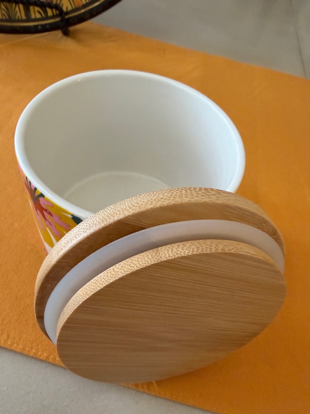 Ceramic Storage Jar with Bamboo Lid - Yellow & Red Leaf Design - Picture 9 of 13